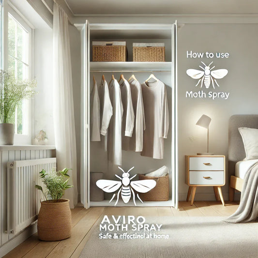 Minimalist UK bedroom with open wardrobe and neatly hanging clothes, styled to represent a moth-free, freshly treated home using Aviro Moth Spray