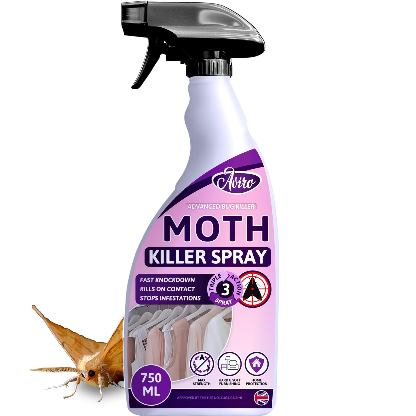 Aviro Moth Killer Spray - Fast Acting Moth Repellent for Carpets, Clothes & Wardrobes. Triple Action Formula, Professional Strength Carpet Moth Spray For Immediate & Ongoing Protection Against Moths