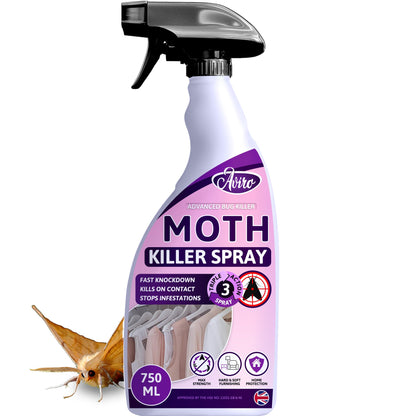 Aviro Moth Killer Spray - Fast Acting Moth Repellent for Carpets, Clothes & Wardrobes. Triple Action Formula, Professional Strength Carpet Moth Spray For Immediate & Ongoing Protection Against Moths