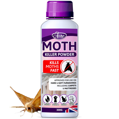 Aviro Moth Killer Powder - Professional Grade Carpet Moth Treatment. Pet-Friendly Moth Powder Approved For Use On Hard & Soft Furnishing Including Carpet. Naturally Derived Carpet Beetle & Moth Killer