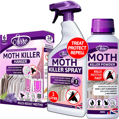 Aviro Moth Repellent for Wardrobes + Moth Killer Spray + Moth Killer Powder Bundle Pack