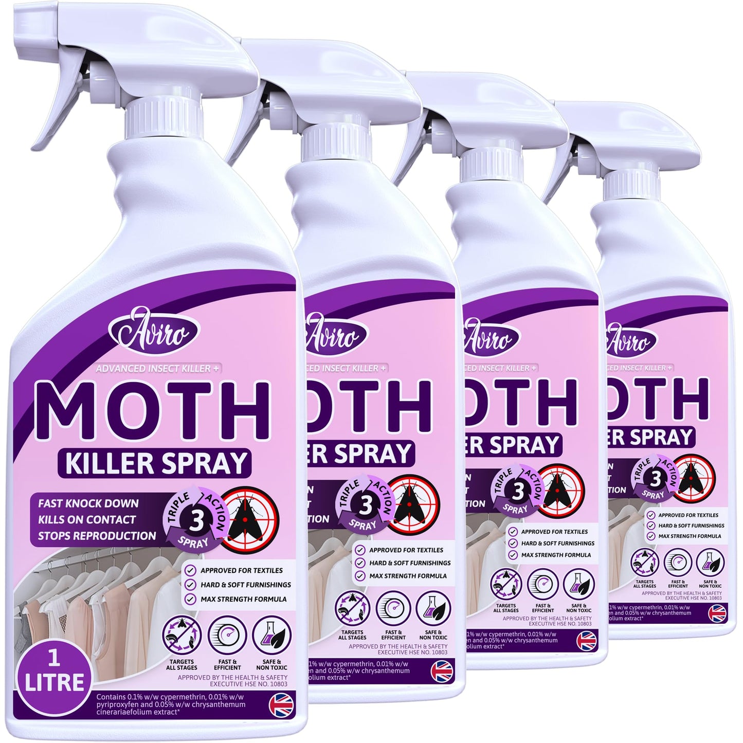 Aviro Moth Killer Spray - Fast Acting Moth Repellent For Wardrobes, Fabric & Surfaces. Professional Strength Carpet Moth Spray For Immediate Treatment & Ongoing Protection Against Clothes Moths