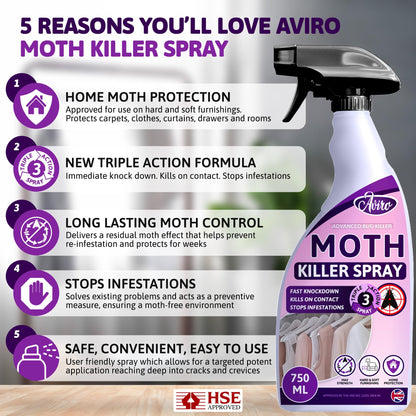 Aviro Moth Killer Spray - Fast Acting Moth Repellent for Carpets, Clothes & Wardrobes. Triple Action Formula, Professional Strength Carpet Moth Spray For Immediate & Ongoing Protection Against Moths