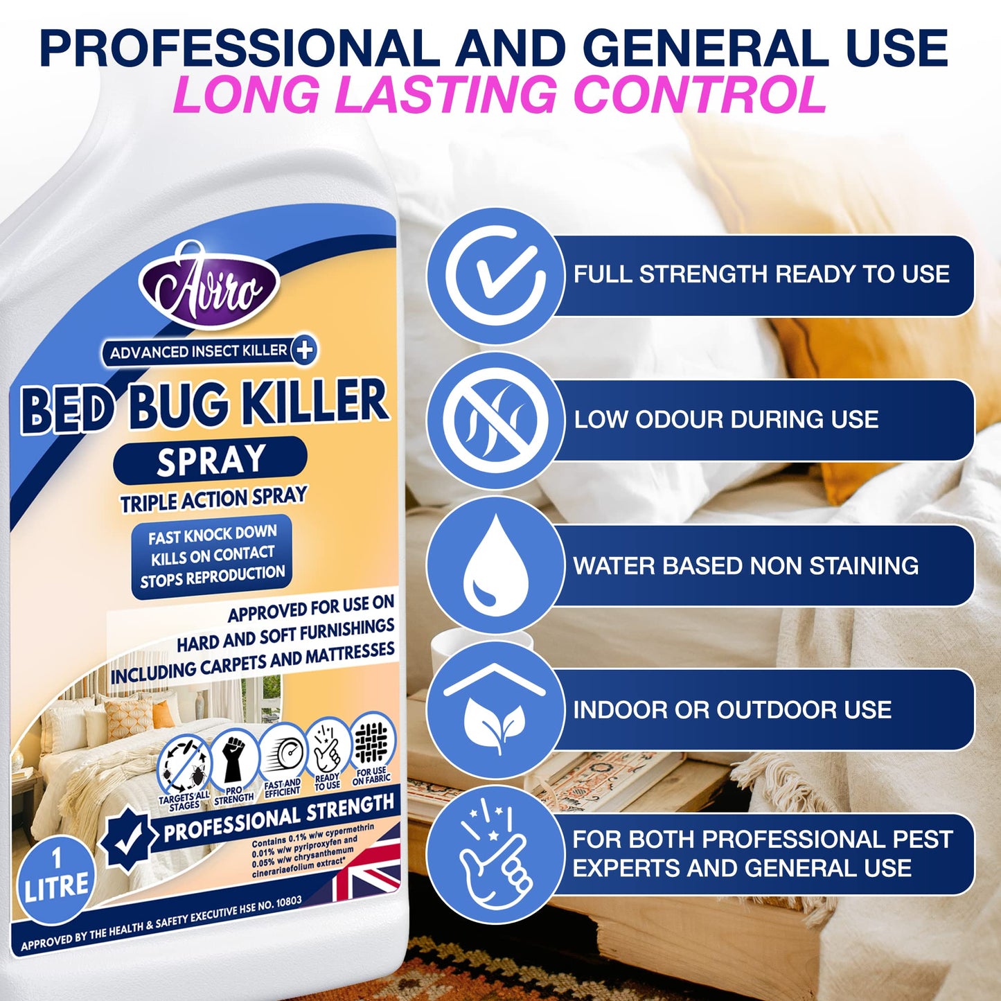 Aviro Bed Bug Killer (1 Litre) - Bed Bug Treatment Spray Approved For Use On Mattresses, Carpets And Hard Surfaces. Professional Strength For Immediate Control And Long Lasting Prevention