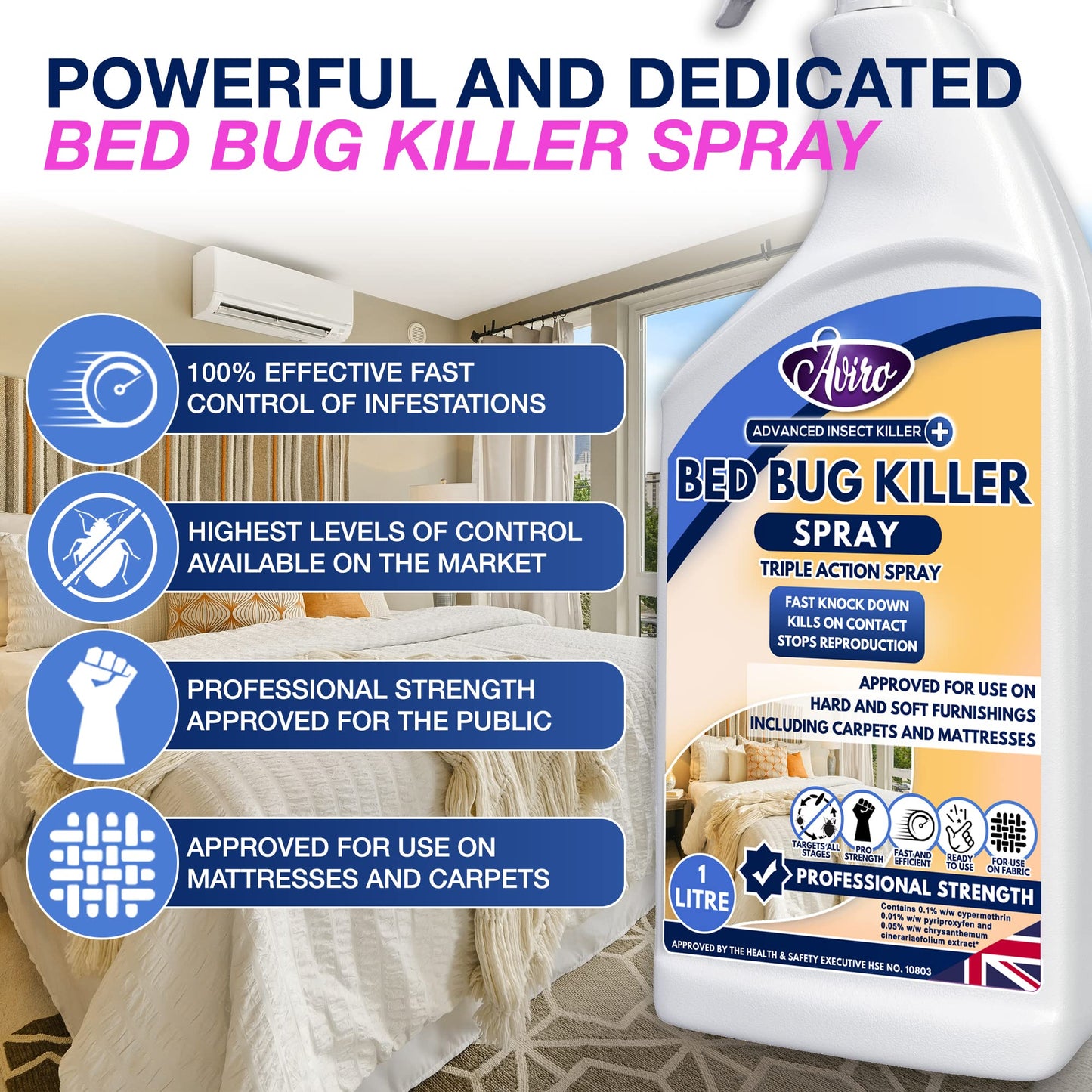 Aviro Bed Bug Killer (1 Litre) - Bed Bug Treatment Spray Approved For Use On Mattresses, Carpets And Hard Surfaces. Professional Strength For Immediate Control And Long Lasting Prevention