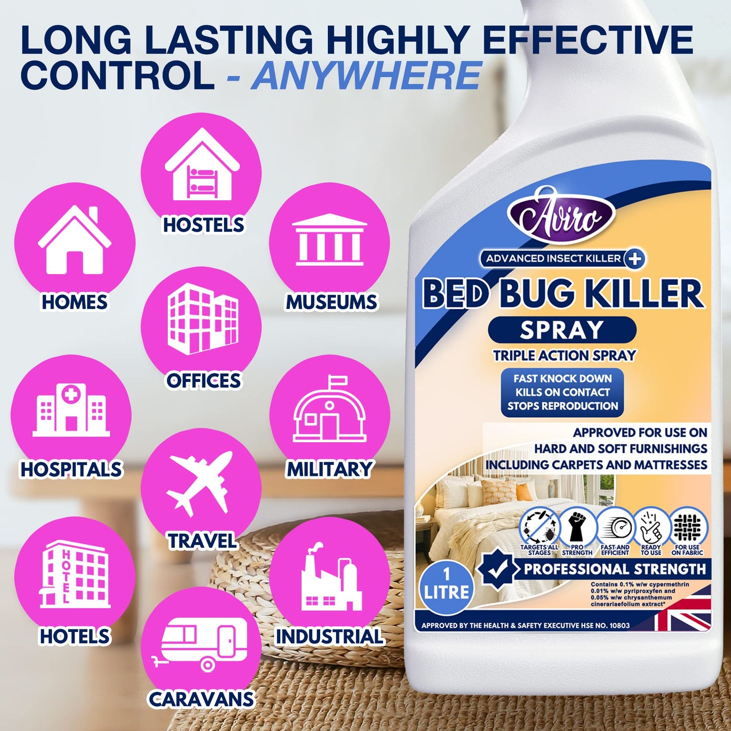 Aviro Bed Bug Killer (1 Litre) - Bed Bug Treatment Spray Approved For Use On Mattresses, Carpets And Hard Surfaces. Professional Strength For Immediate Control And Long Lasting Prevention