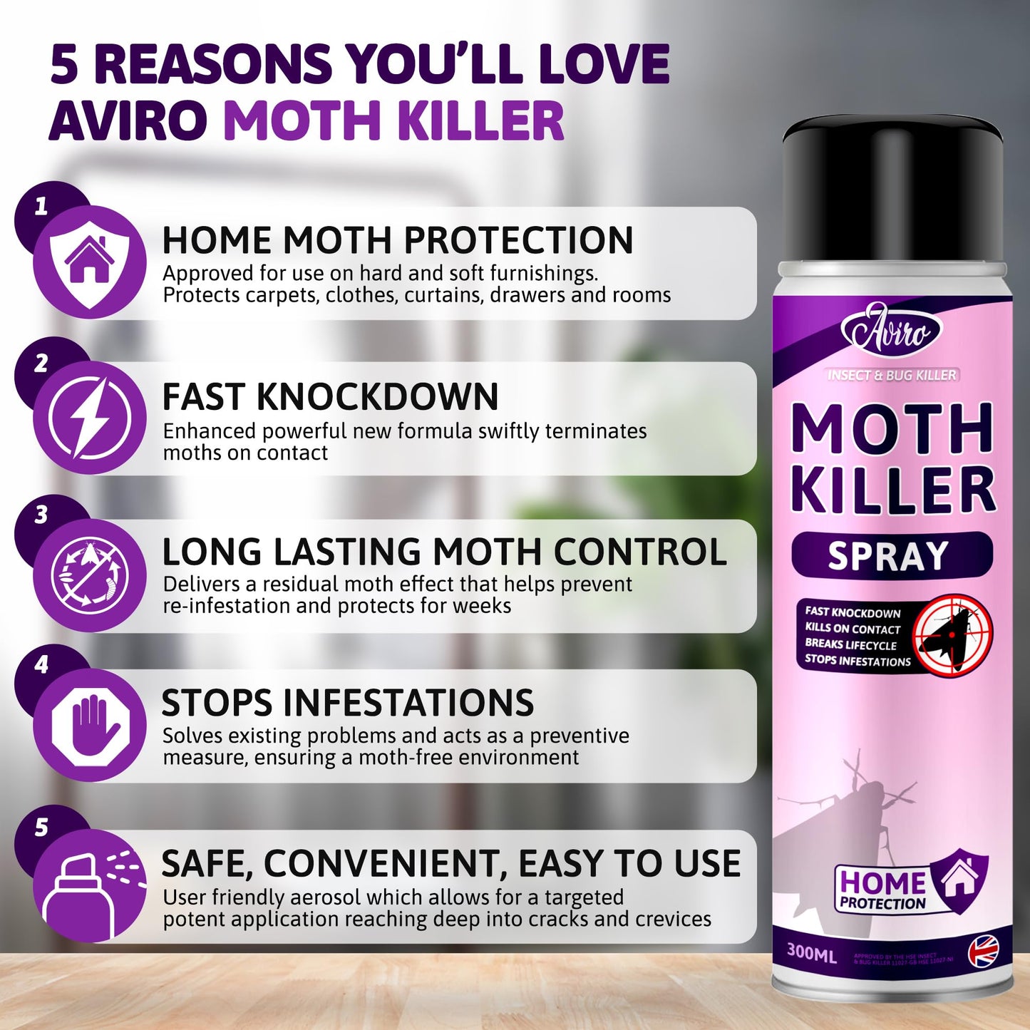 Aviro Moth Killer Spray - Fast Acting Moth Repellent For Wardrobes, Fabric & Surfaces. Powerful Carpet Moth Spray, Household Moth Protection For Immediate Treatment & Ongoing Control Against Moths