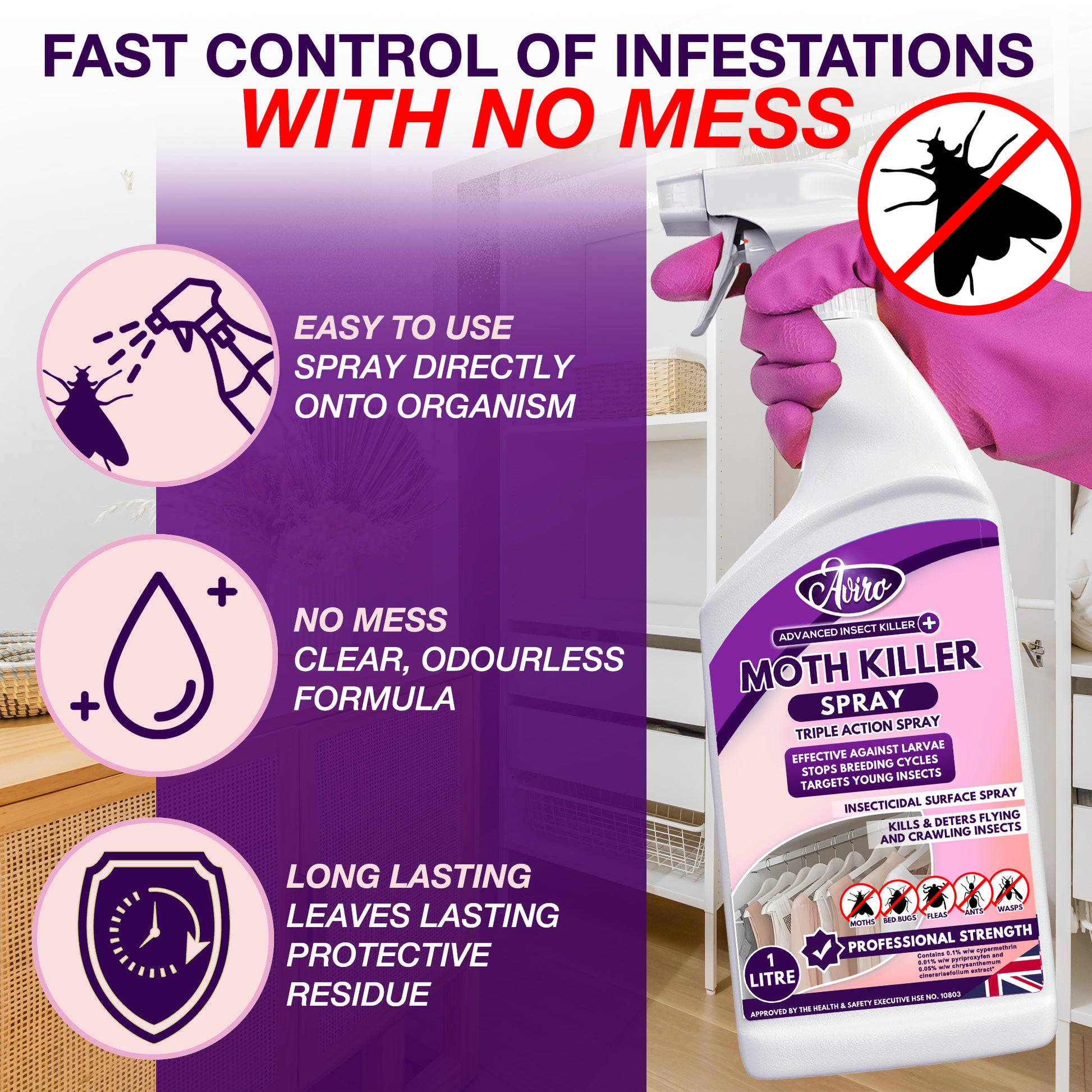 Aviro Moth Killer Spray - Fast Acting Moth Repellent Killer for Carpet,  Immediate Control